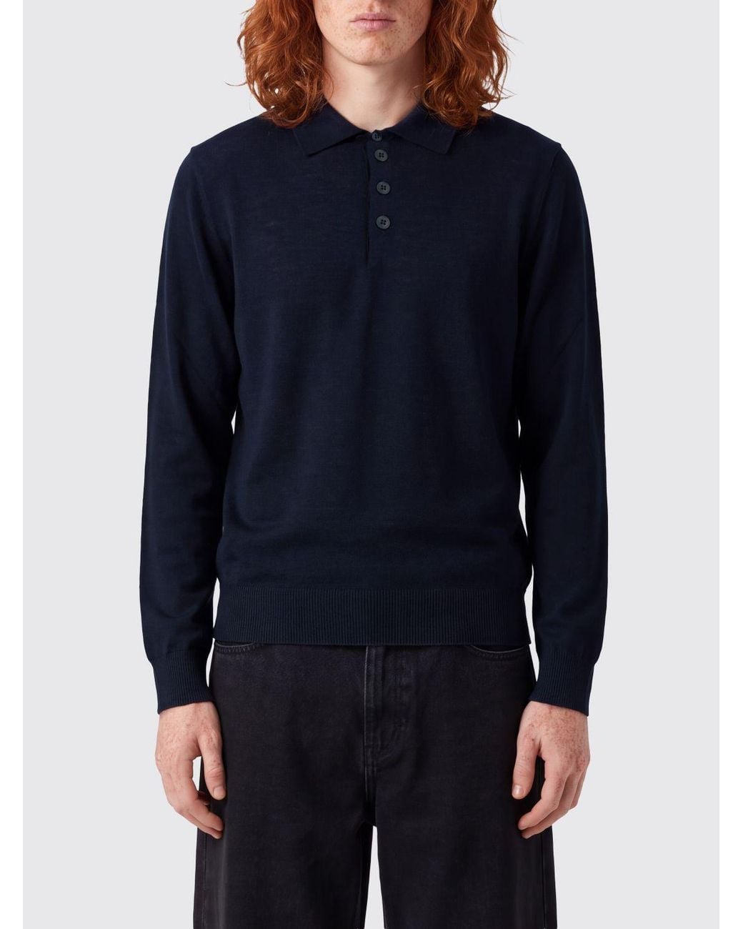 Emporio Armani Blue Long-Sleeved Virgin Wool Knit Polo Shirt With Three-Button Placket for men