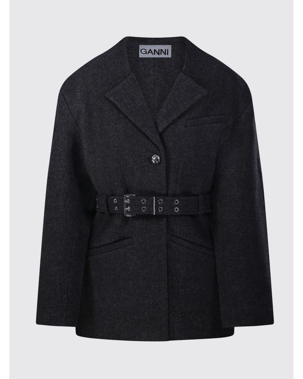 Ganni Blue Short Single-Breasted Belted Wool And Cashmere Coat