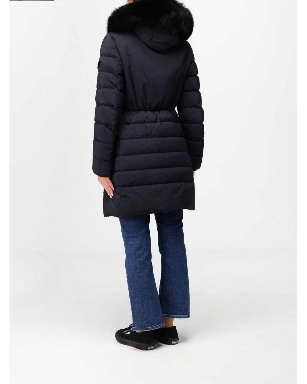 Peuterey Blue Knee-Length Quilted Nylon Down Jacket With Shearling Hood