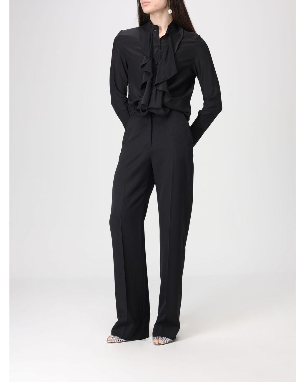 McQueen Black Elegant Silk Ruffled Shirt