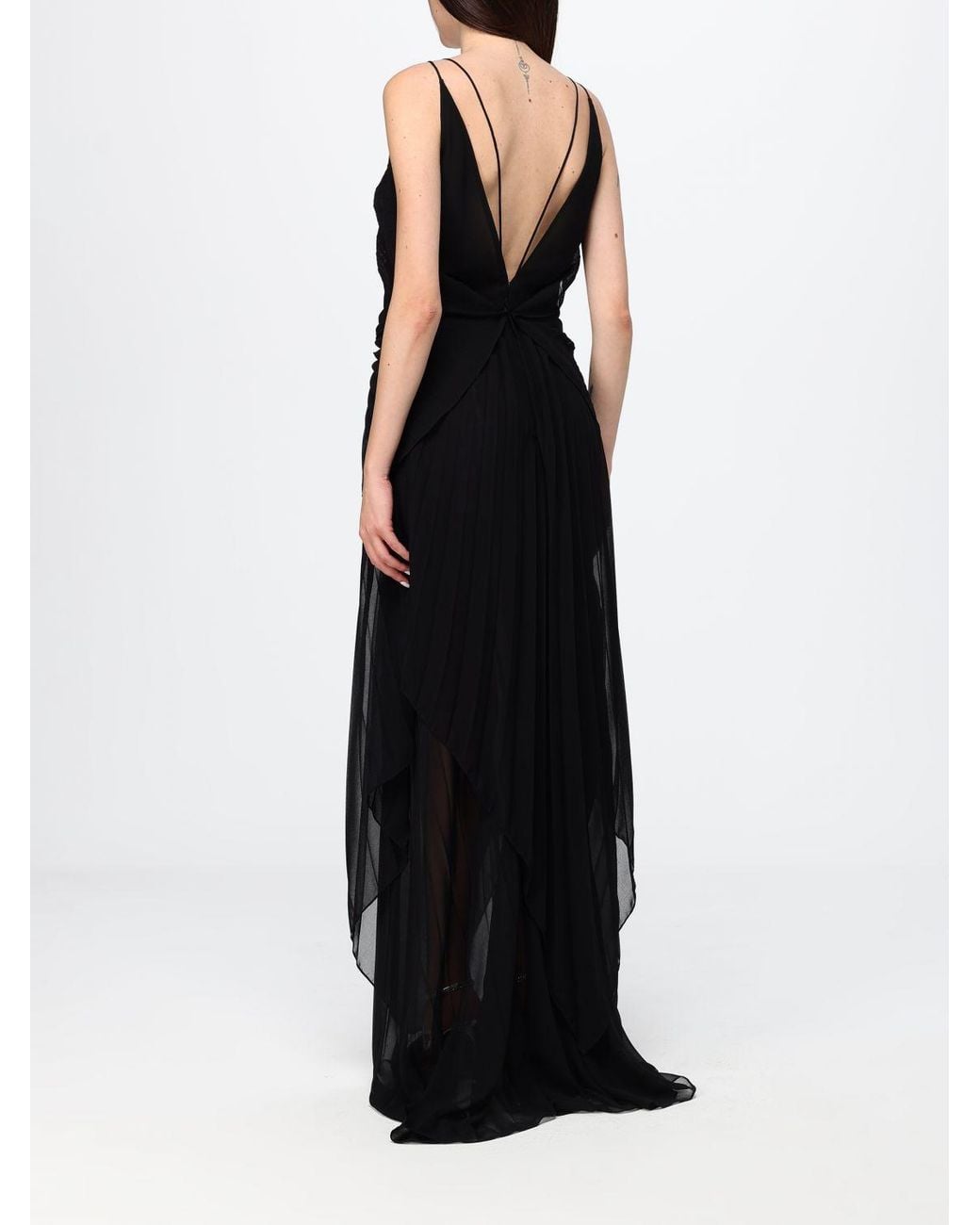 Genny Black Pleated Chiffon Evening Gown With Train