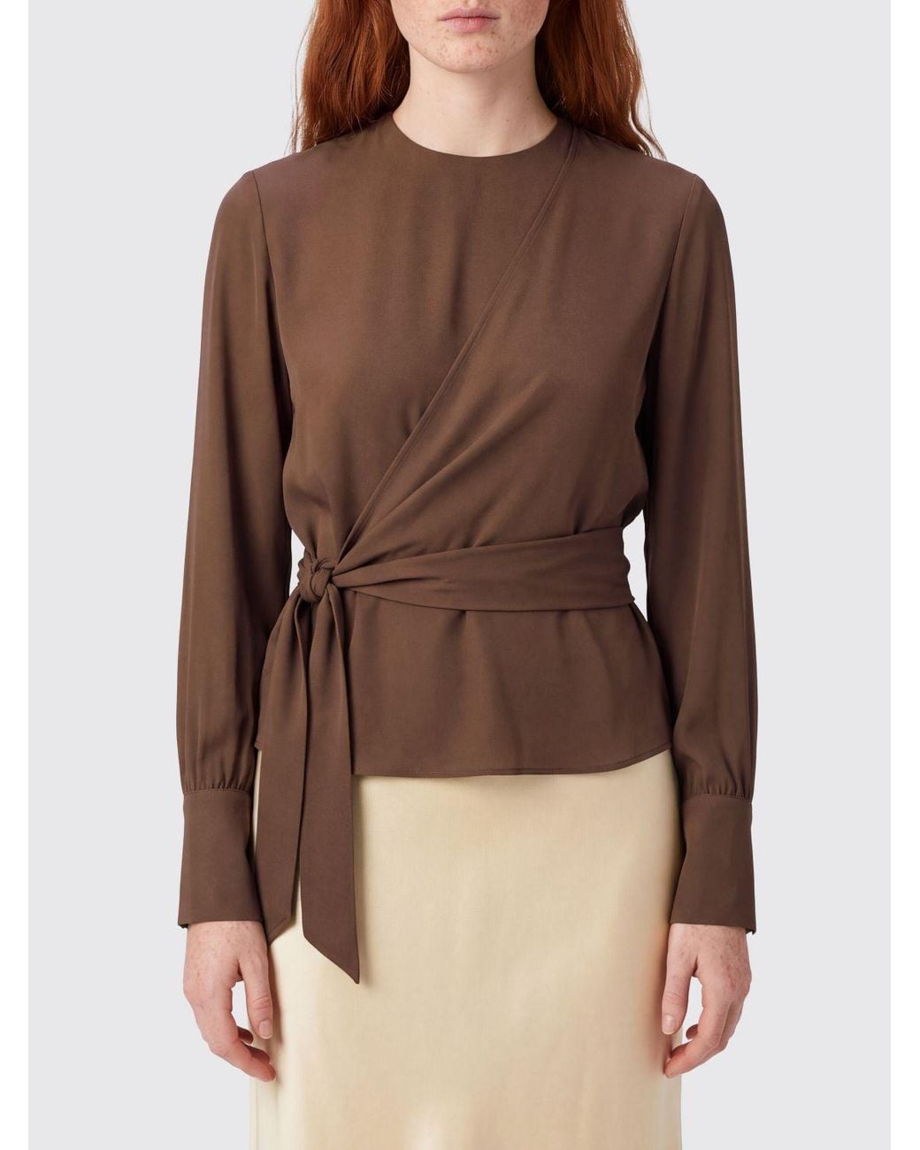FEDERICA TOSI Brown Draped Viscose Blouse With Tie-Waist Belt And Long Sleeves