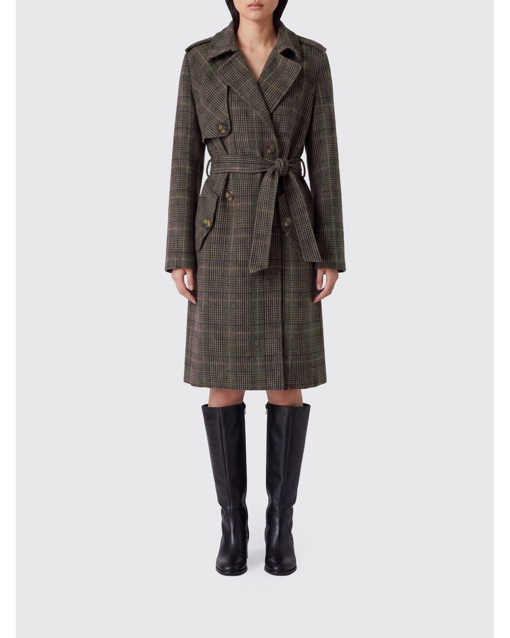 Liu Jo Black Tartan Print Double-Breasted Wool Blend Coat With Belt