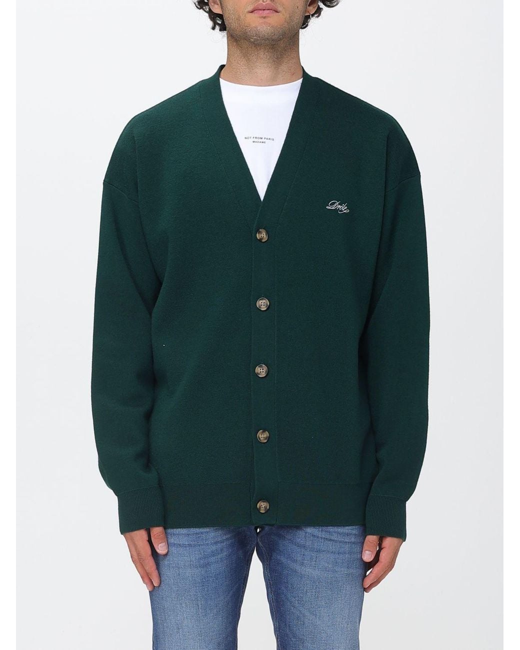Drole de Monsieur Green V-Neck Wool Cardigan With Embroidered Logo for men