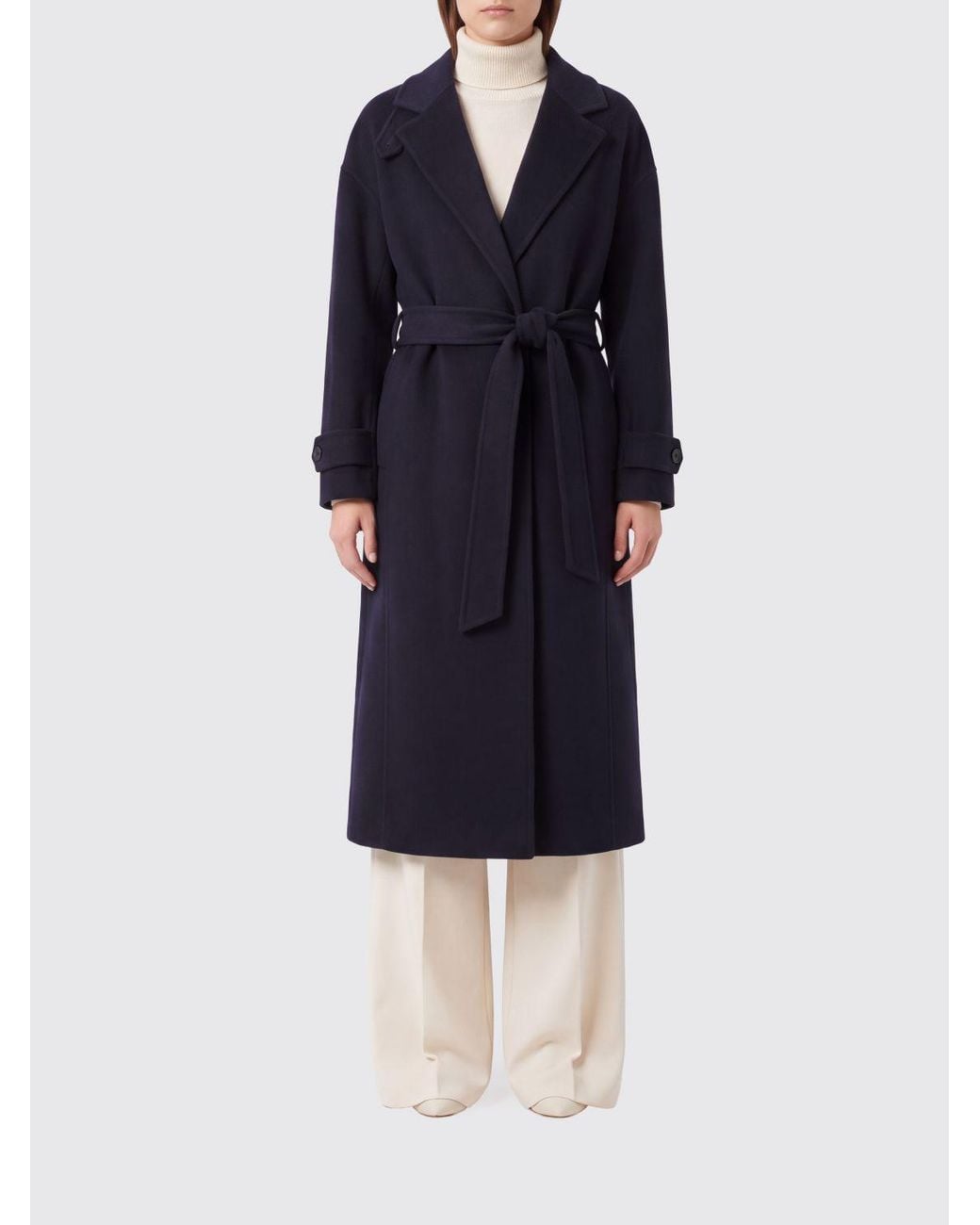 Pinko Blue Long Wool Robe Coat With A Belt And Lapel Collar