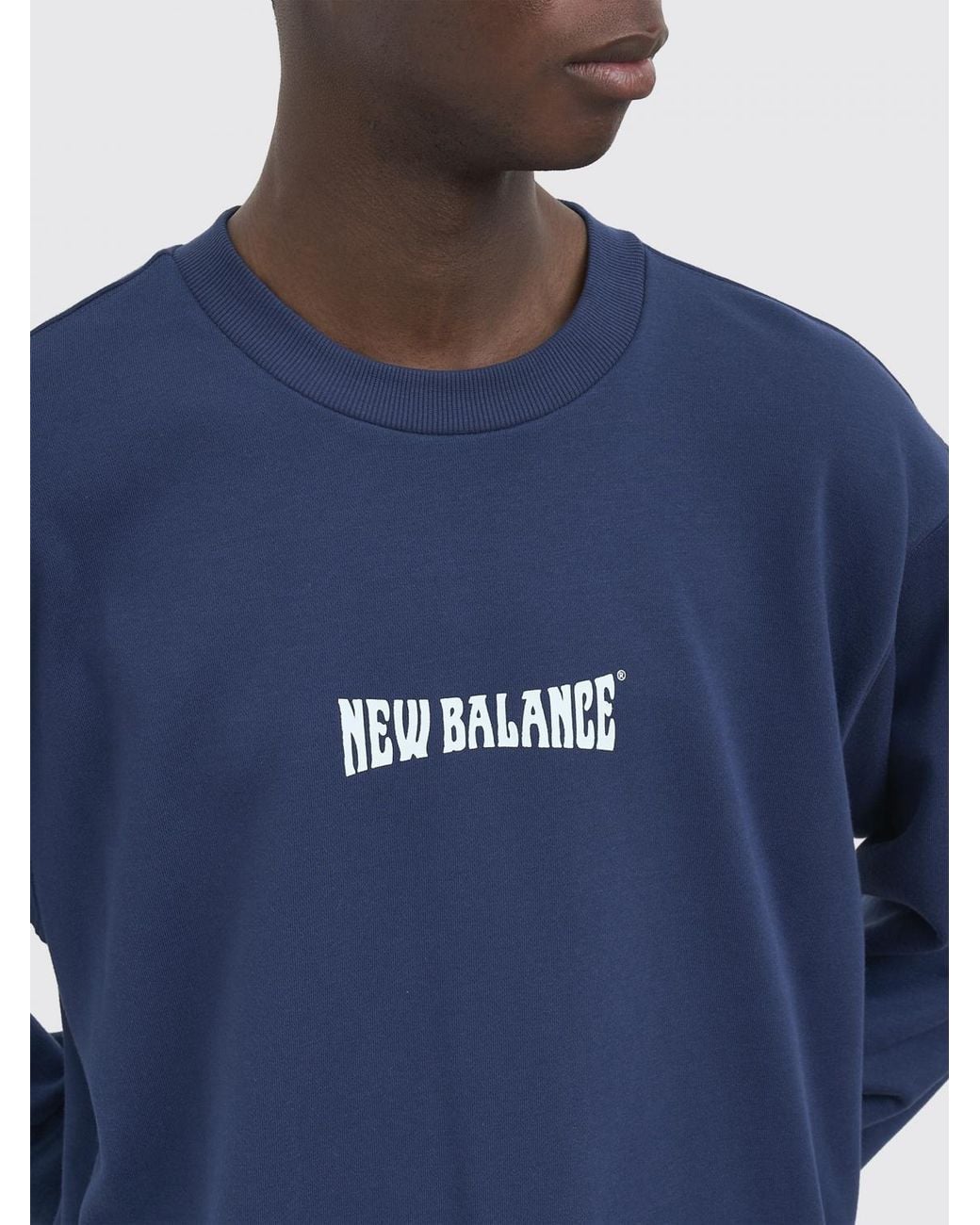 New Balance Blue Relaxed Fit Cotton Crewneck Jumper With Contrast Logo for men