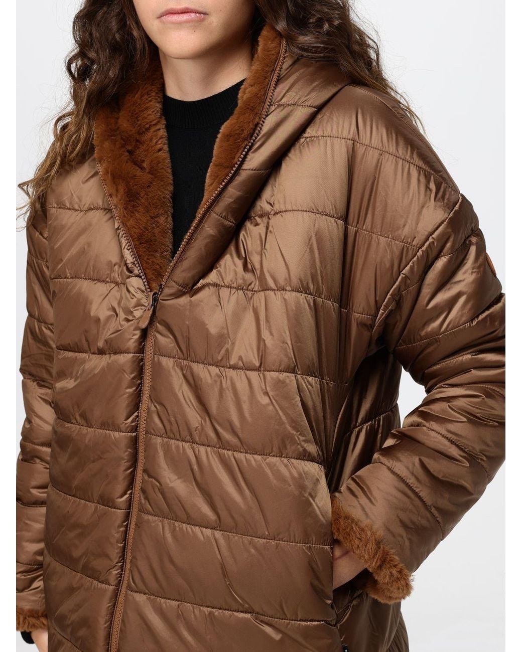 Save The Duck Brown Davina Reversible Short Faux-Fur Jacket With Hood