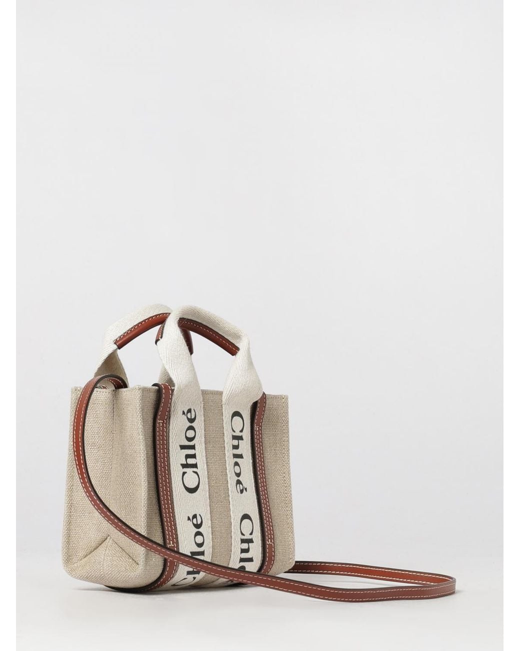 Chloé Natural ChloÉ Woody Mini Linen And Cotton Tote Bag With Logo Handles