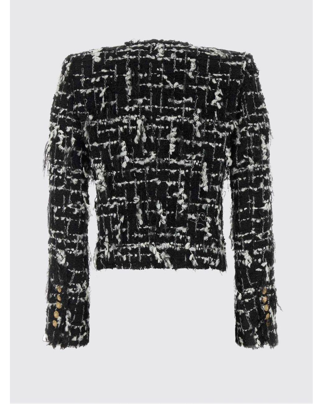 Balmain Blue Cropped Spencer Wool Tweed Blazer With Fringes And Embroidery
