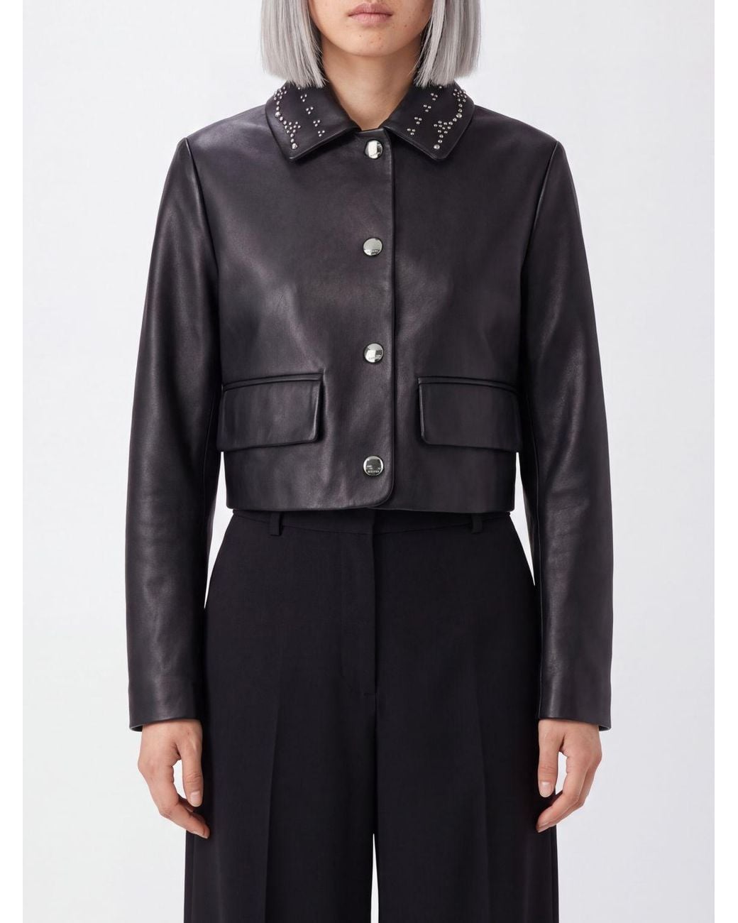 Marni Black Leather Shirt Jacket With Classic Collar And Studs