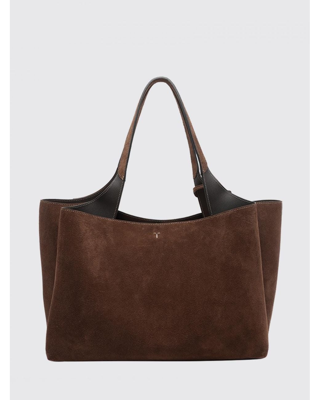 Tod's Brown Suede Leather Shoulder Bag With Double Handle And T Timeless Logo