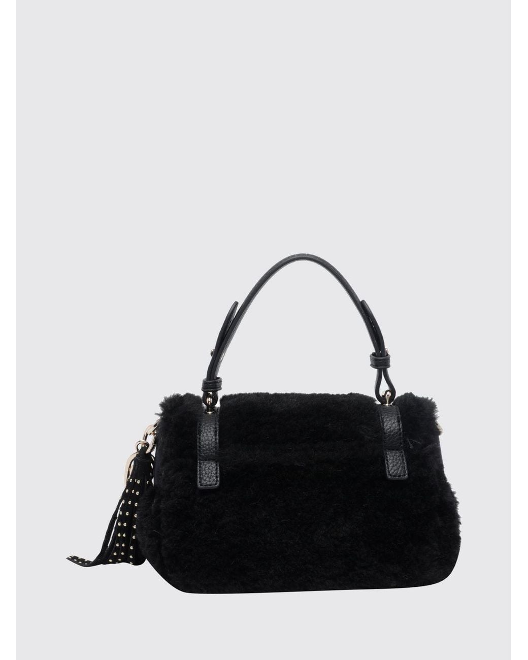 La Carrie Black Faux Fur Mini Handbag With Fringes, Logo Charm And Flat Handle