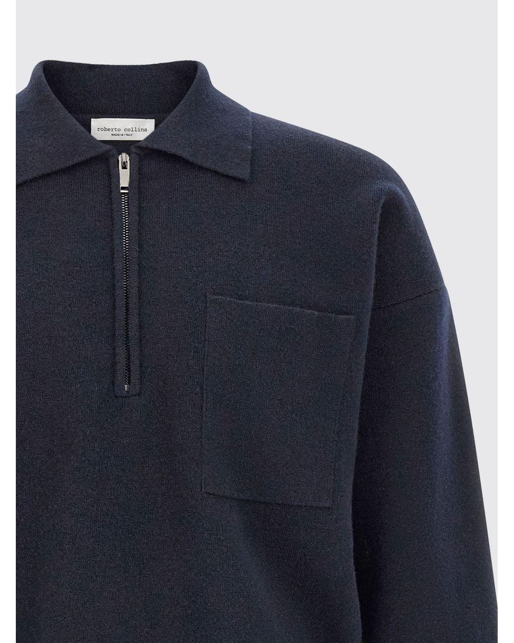 Roberto Collina Blue Long-Sleeved Merino Wool Knit Polo Shirt With Zip for men