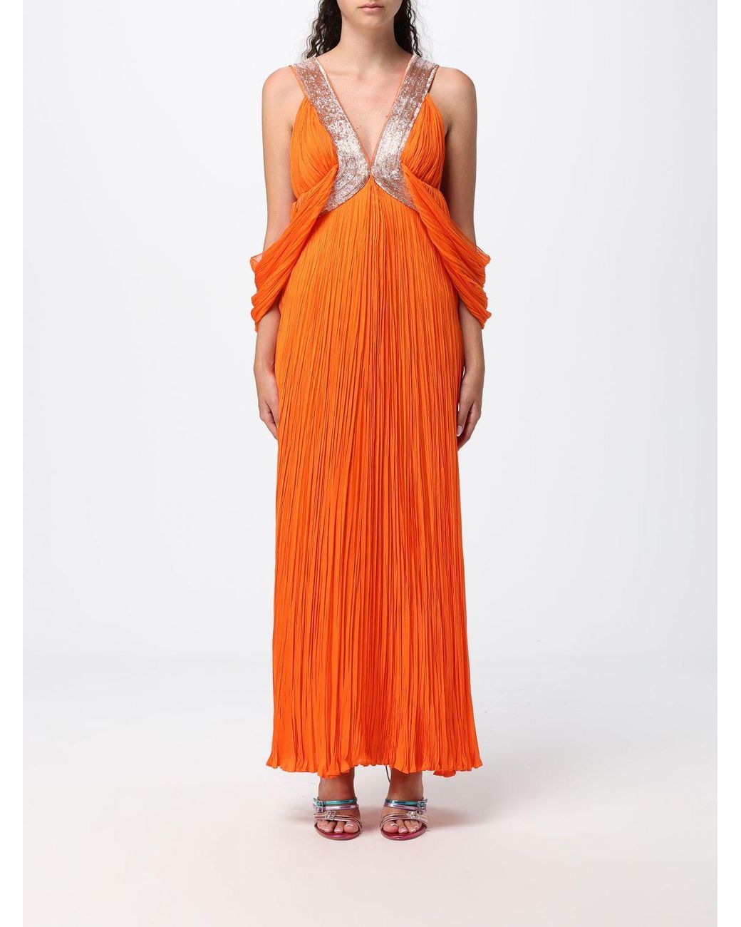 Alberta Ferretti Orange Long Pleated Silk Kaftan With Off-The-Shoulder Design