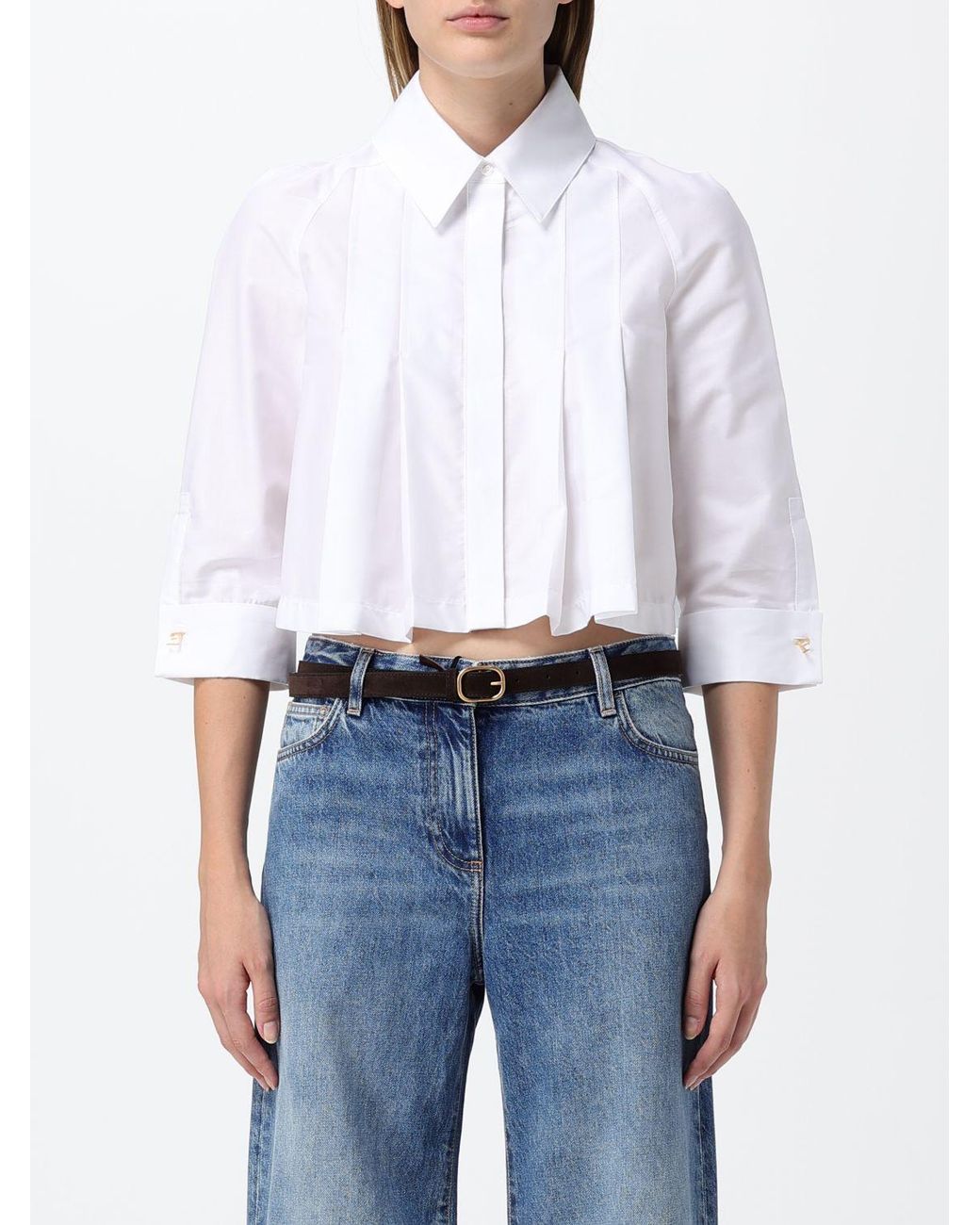 Elisabetta Franchi White Pleated Cropped Cotton Shirt With Pointed Collar
