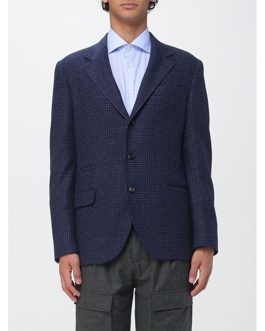 Brunello Cucinelli Blue Single-Breasted Houndstooth Wool Blazer for men