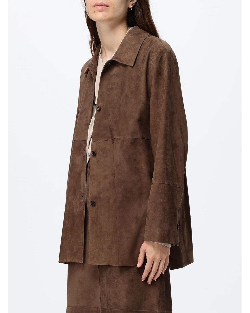 Max Mara Brown Suede Leather Shirt Jacket With Classic Collar