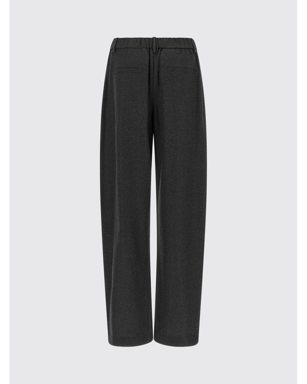 Brunello Cucinelli Black High-Waisted Virgin Wool Wide Leg Trousers With Monili