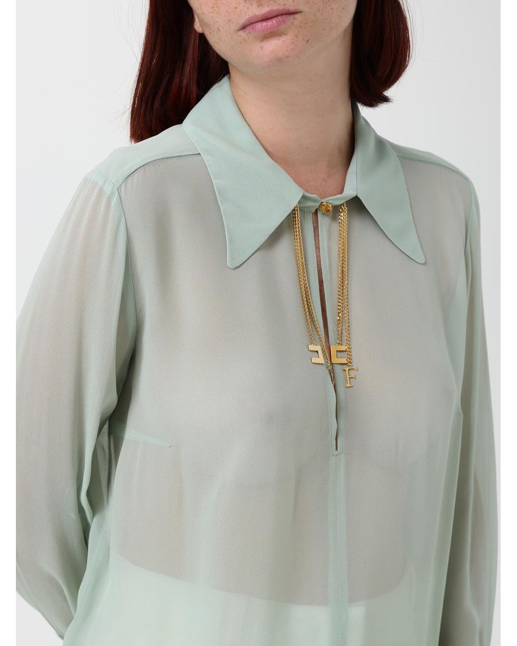 Elisabetta Franchi Gray Sheer Georgette Shirt With Jewel Collar