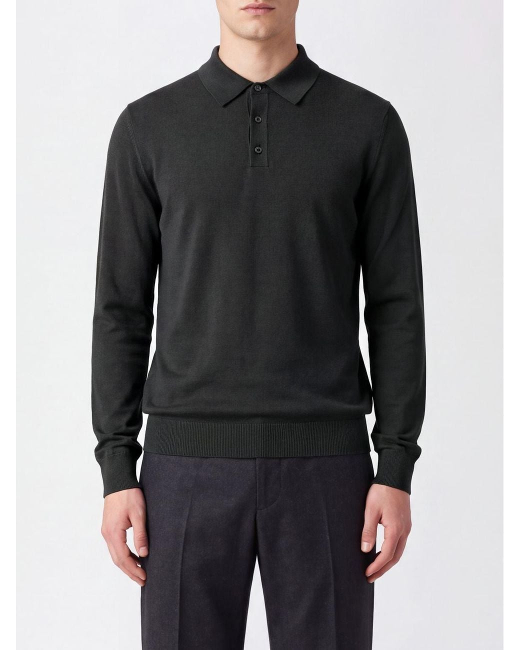 Zanone Black Long-Sleeved Knit Wool Polo With Three-Button Placket for men