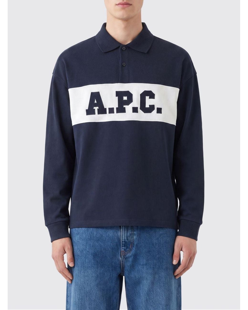 A.P.C. Blue Long-Sleeved Cotton Polo Shirt With Contrast Logo for men