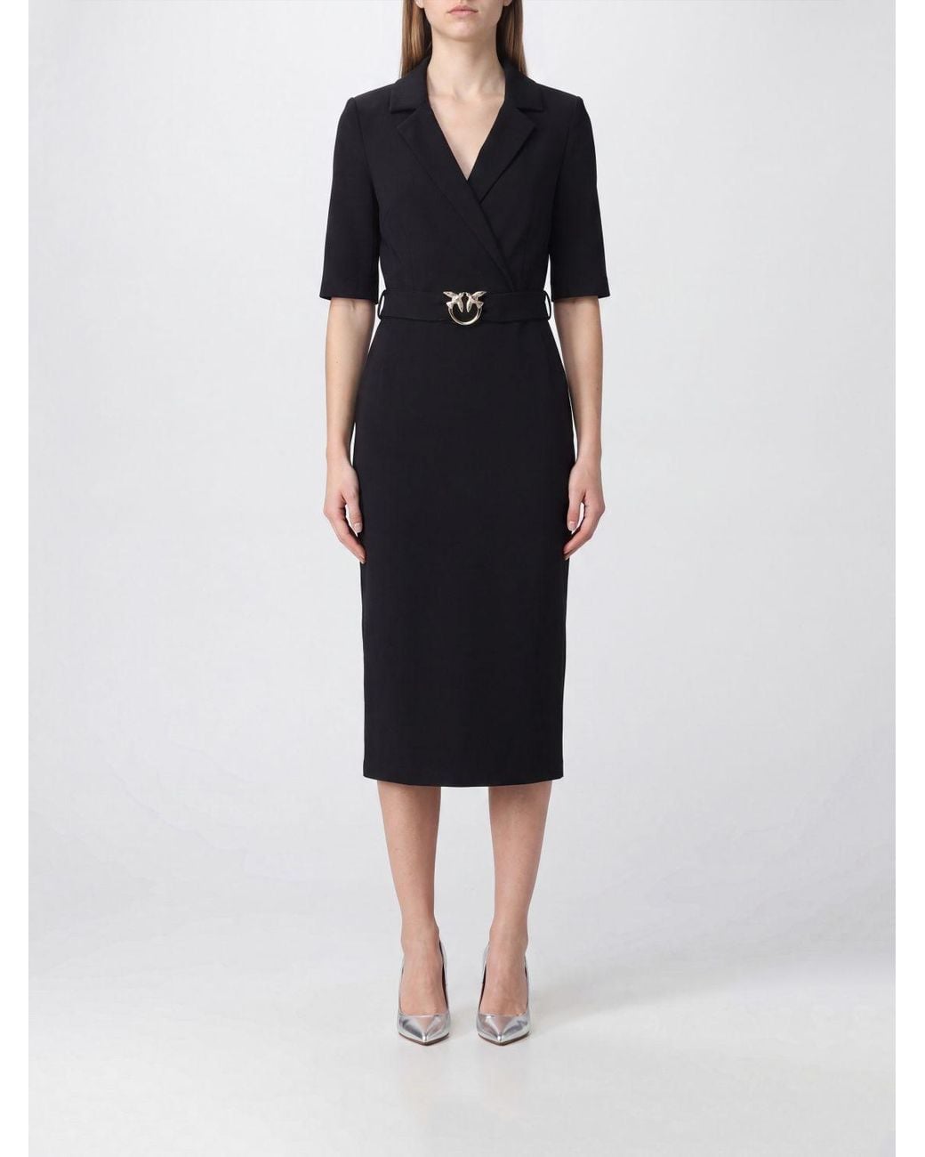 Pinko Black Arnebia Midi Wrap Dress With Logo Buckle Belt