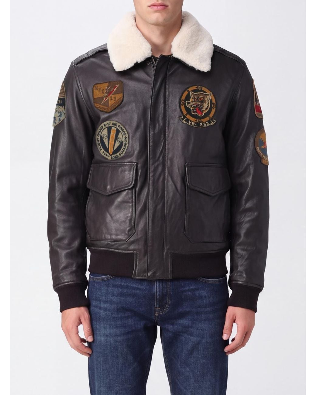 Schott Nyc Black College-Style Leather Jacket With Fur Collar And Logo Patch for men
