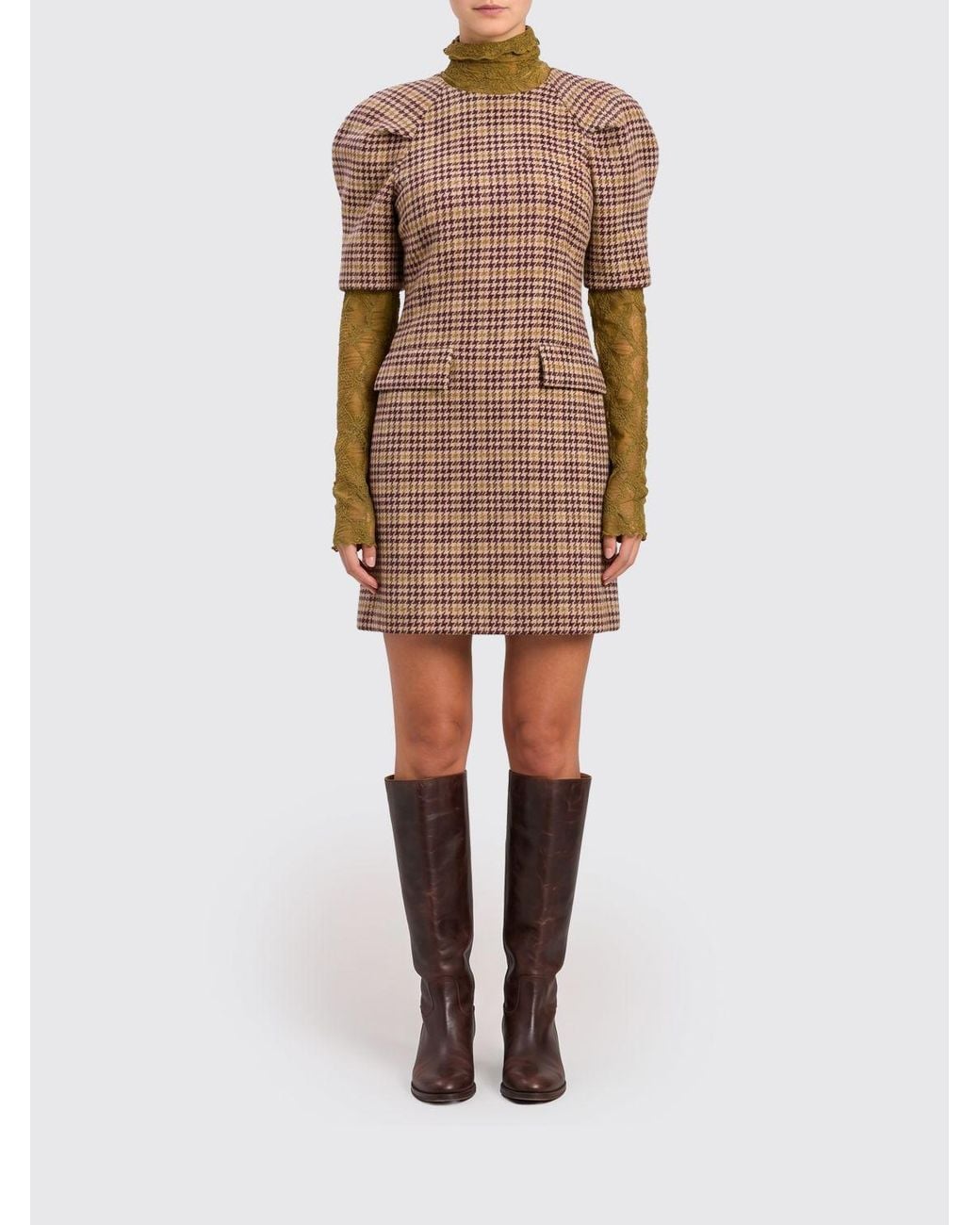 Twinset Natural Houndstooth Sheath Mini Dress With Puff Sleeves And Lace Inserts