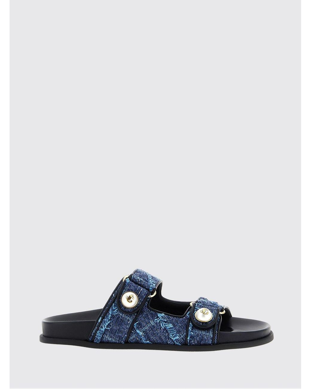 Jimmy Choo White Fayence Pearl-Embellished Denim Flat Sandals With Monogram
