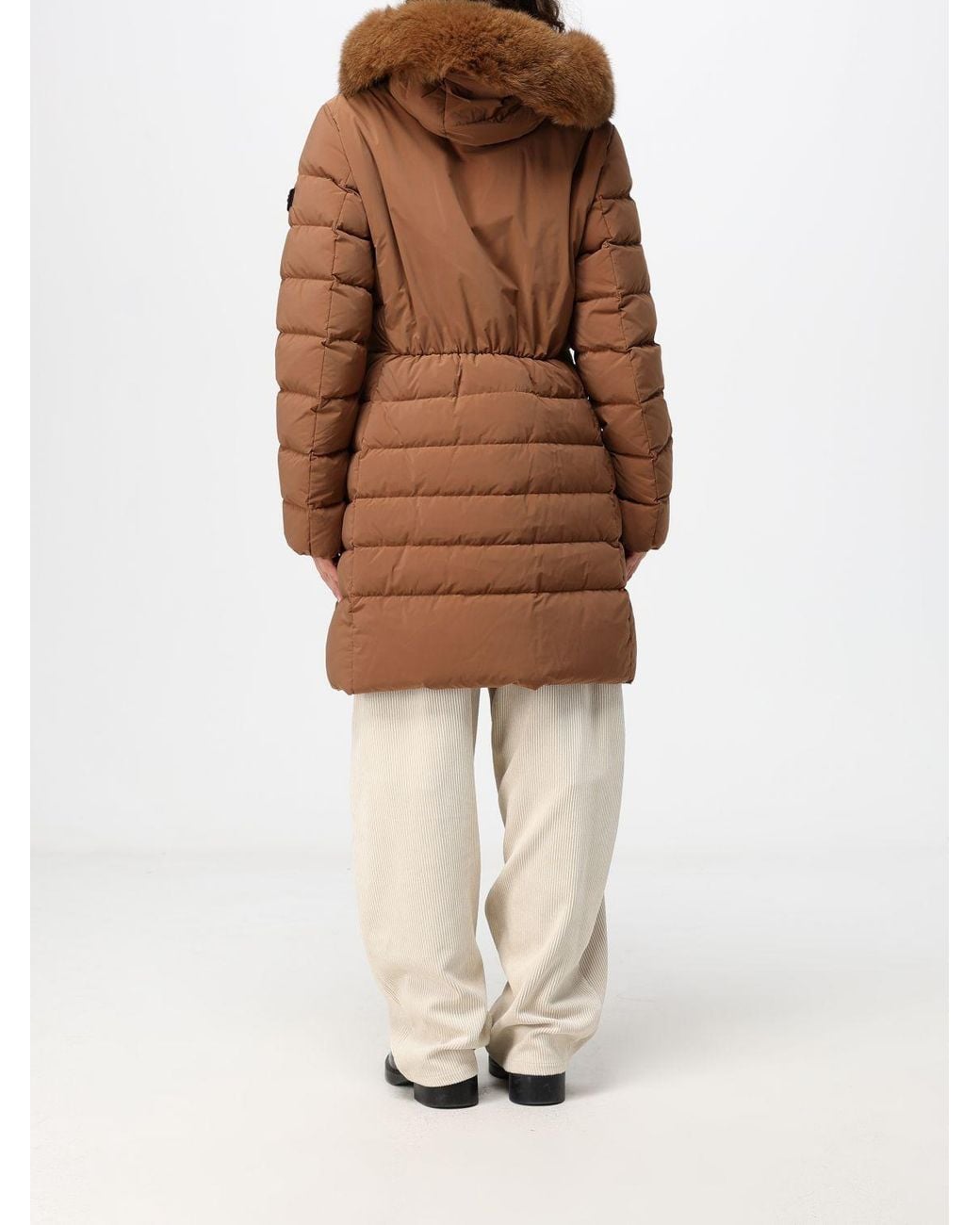 Peuterey Brown Knee-Length Quilted Nylon Down Jacket With Shearling Hood