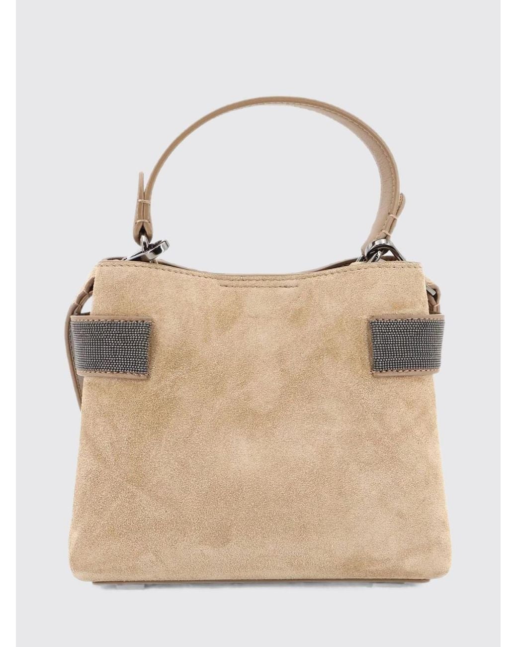 Brunello Cucinelli Natural Small Suede Handbag With Monili Embellishment