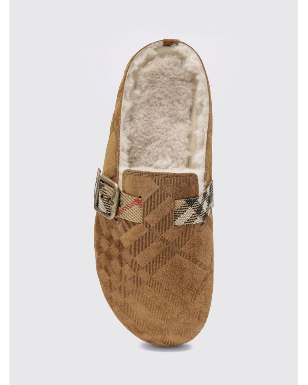 Burberry White Urchin Shearling Mules With Vintage Check Pattern And Strap
