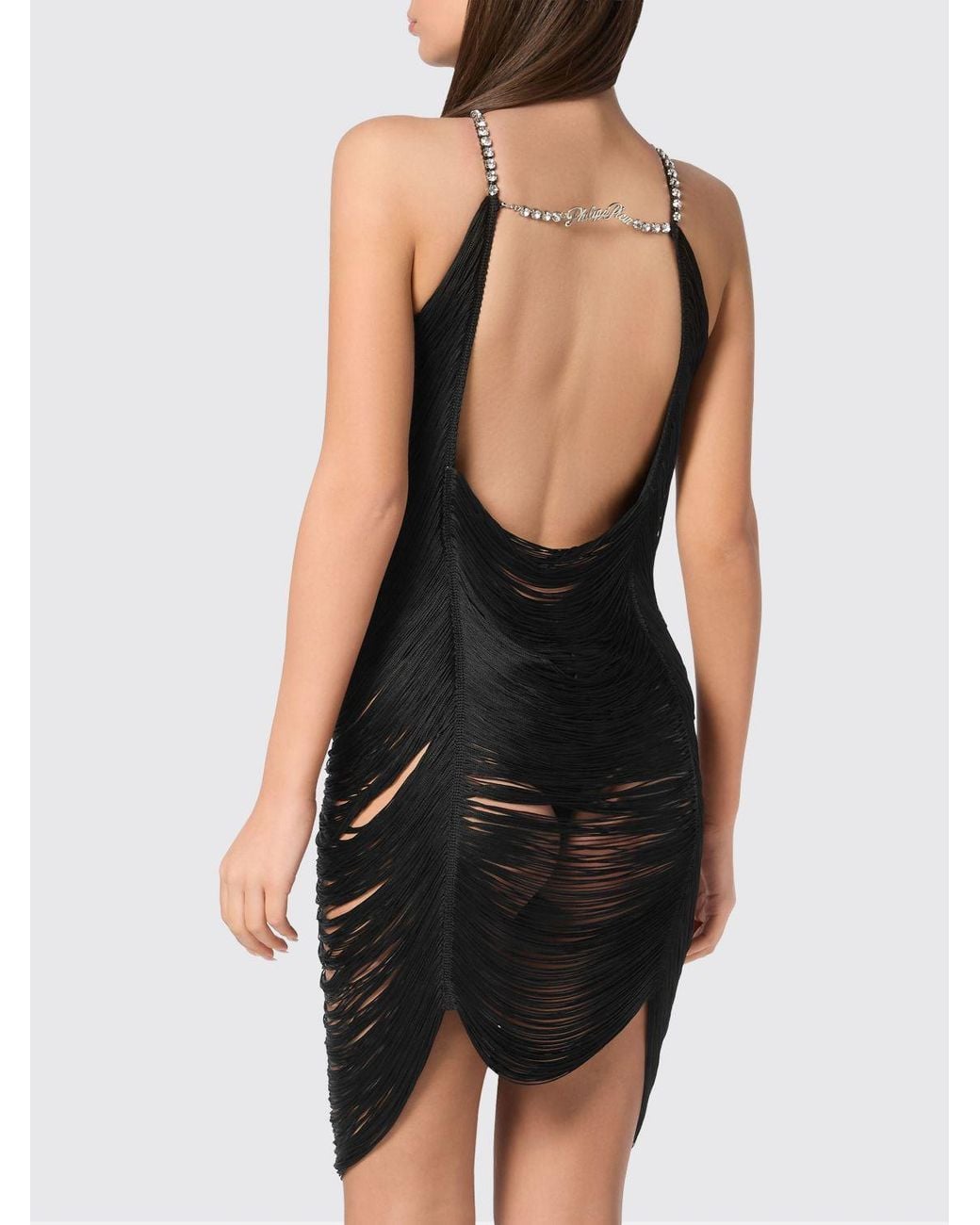 Philipp Plein Black Mini Dress With Fringes