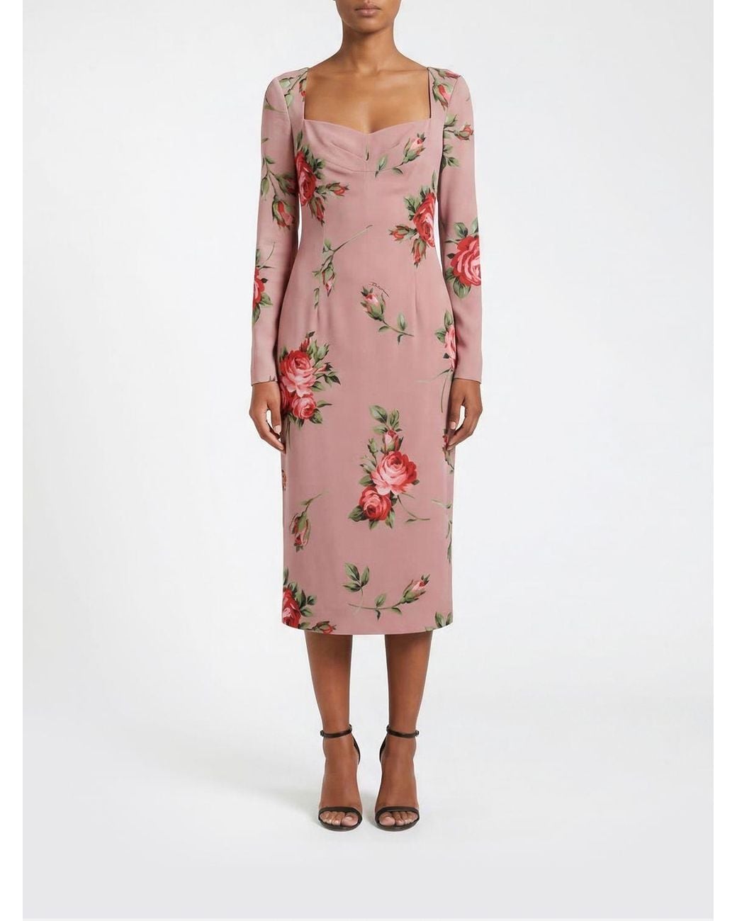 Dolce & Gabbana Red Dolce &Amp Gabbana Floral Print Stretch Silk Sheath Dress