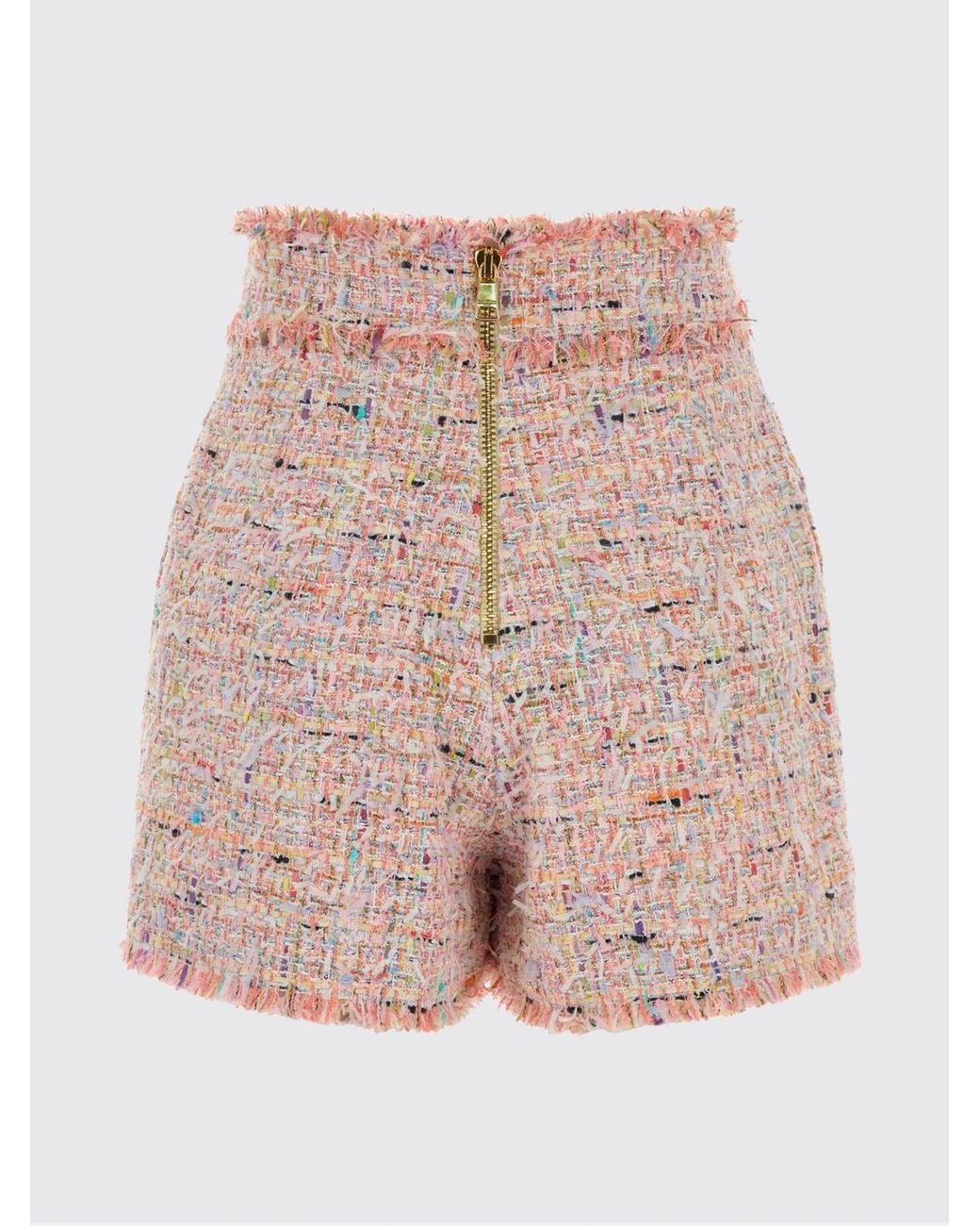 Balmain Pink High-Waisted Tweed Shorts With Abstract Pattern And Buttons