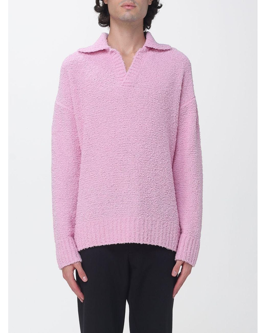 Laneus Pink Wool Blend Long-Sleeved V-Neck Knit Polo for men