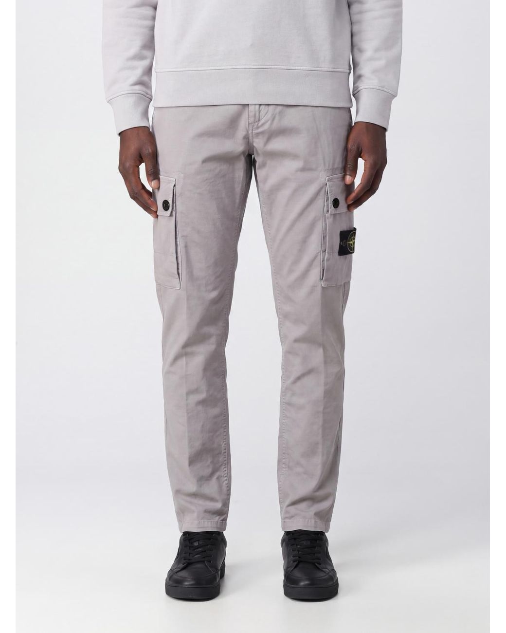 Stone Island Gray Stretch Organic Cotton Cargo Trousers With Compass Logo for men