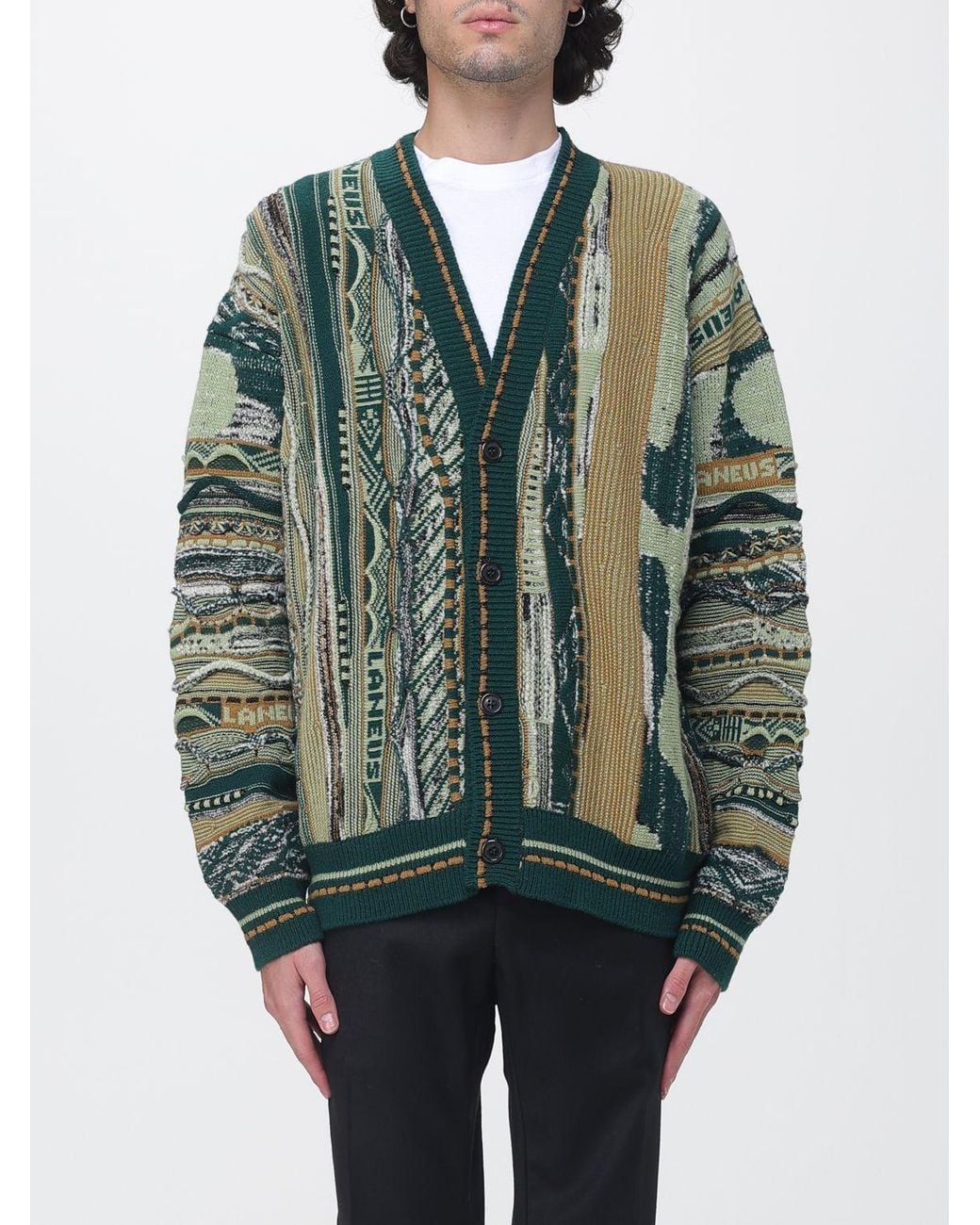 Laneus Green Relaxed Fit Patchwork Cardigan for men