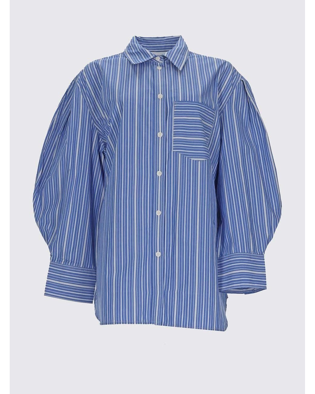 Ganni Blue Striped Cotton Shirt With Balloon Sleeves And Classic Collar