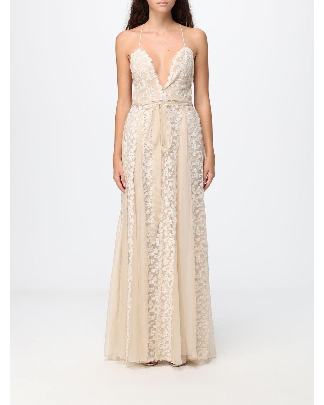 Fendi Natural Silk Georgette Long Evening Gown With V-Neck And Lace Inserts