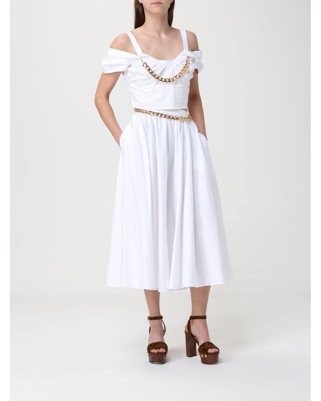 Elisabetta Franchi White Cotton Midi Skirt With Chain