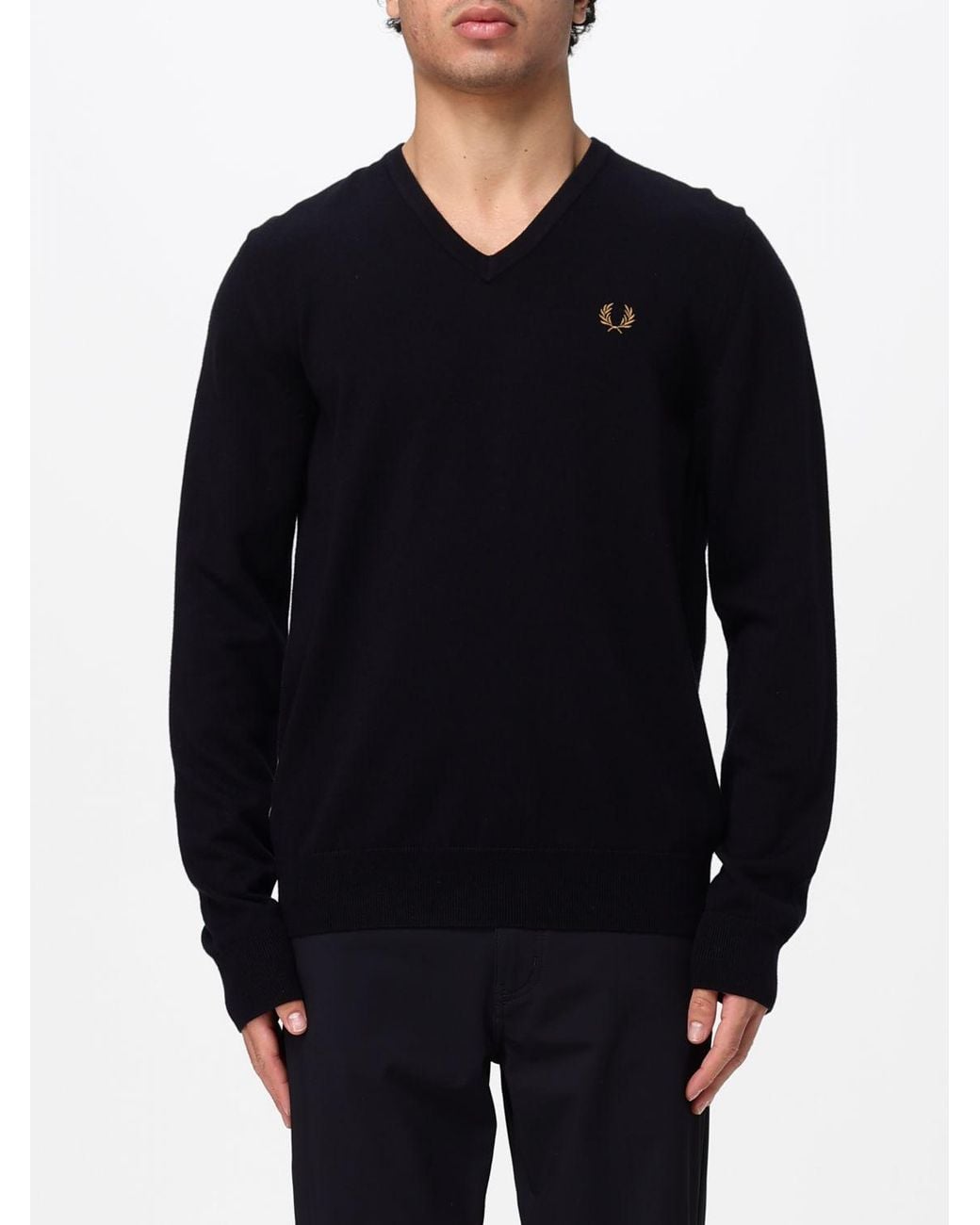 Fred Perry Blue V-Neck Wool And Cotton Blend Jumper With Embroidered Logo for men