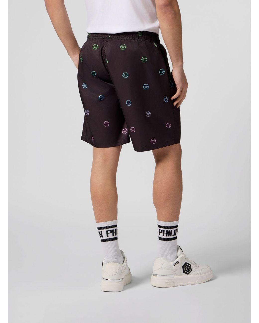 Philipp Plein Black Monogram Twill Jogging Shorts With Hexagon Logo for men