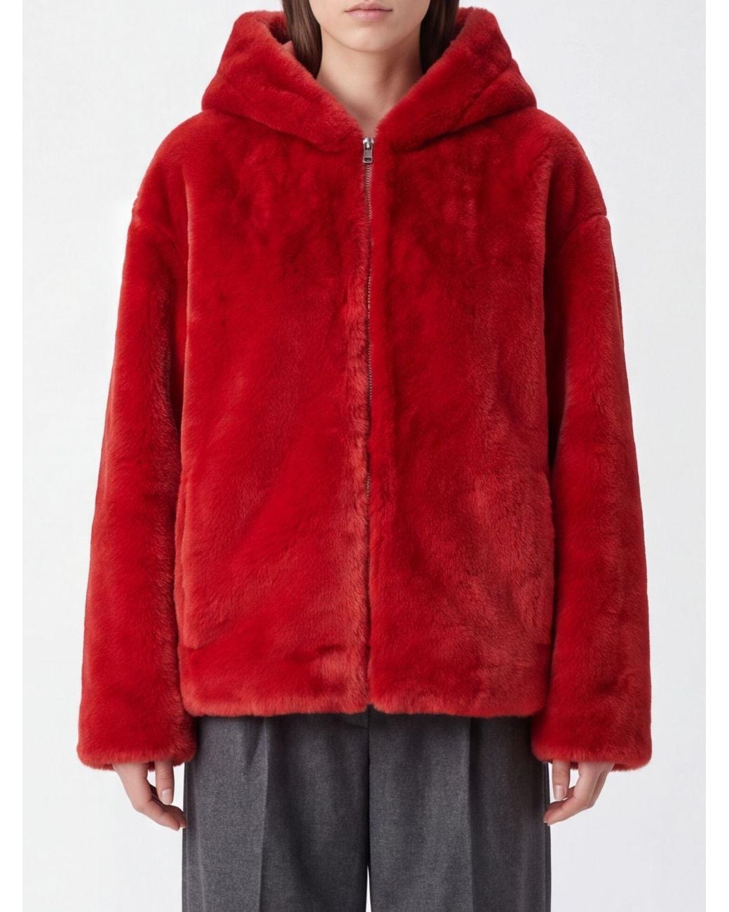 Yves Salomon Red Cropped Lambskin Jacket With Hood And Zip