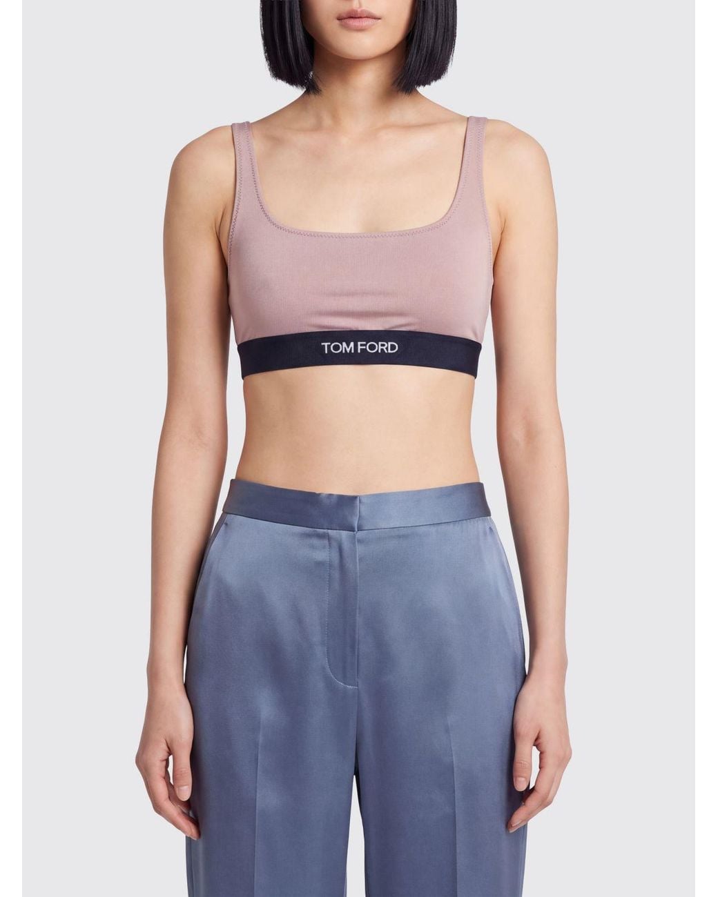 Tom Ford Blue Cropped Modal Bralette Top With Contrast Logo Band
