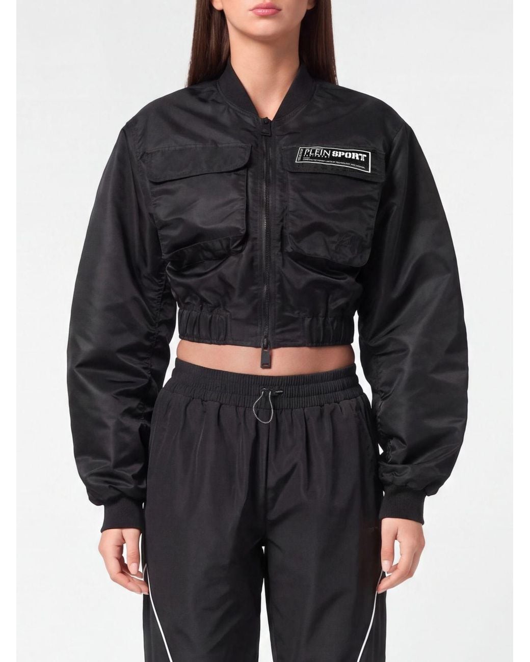 Philipp Plein Black Polyester Crop Bomber Jacket