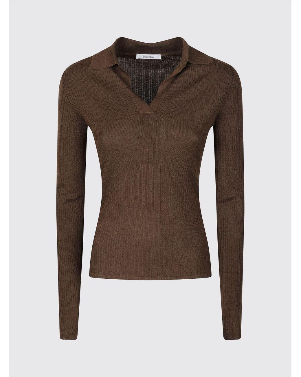 Max Mara Brown Ribbed Silk And Cashmere Knit Polo With V-Neck And Slim Fit