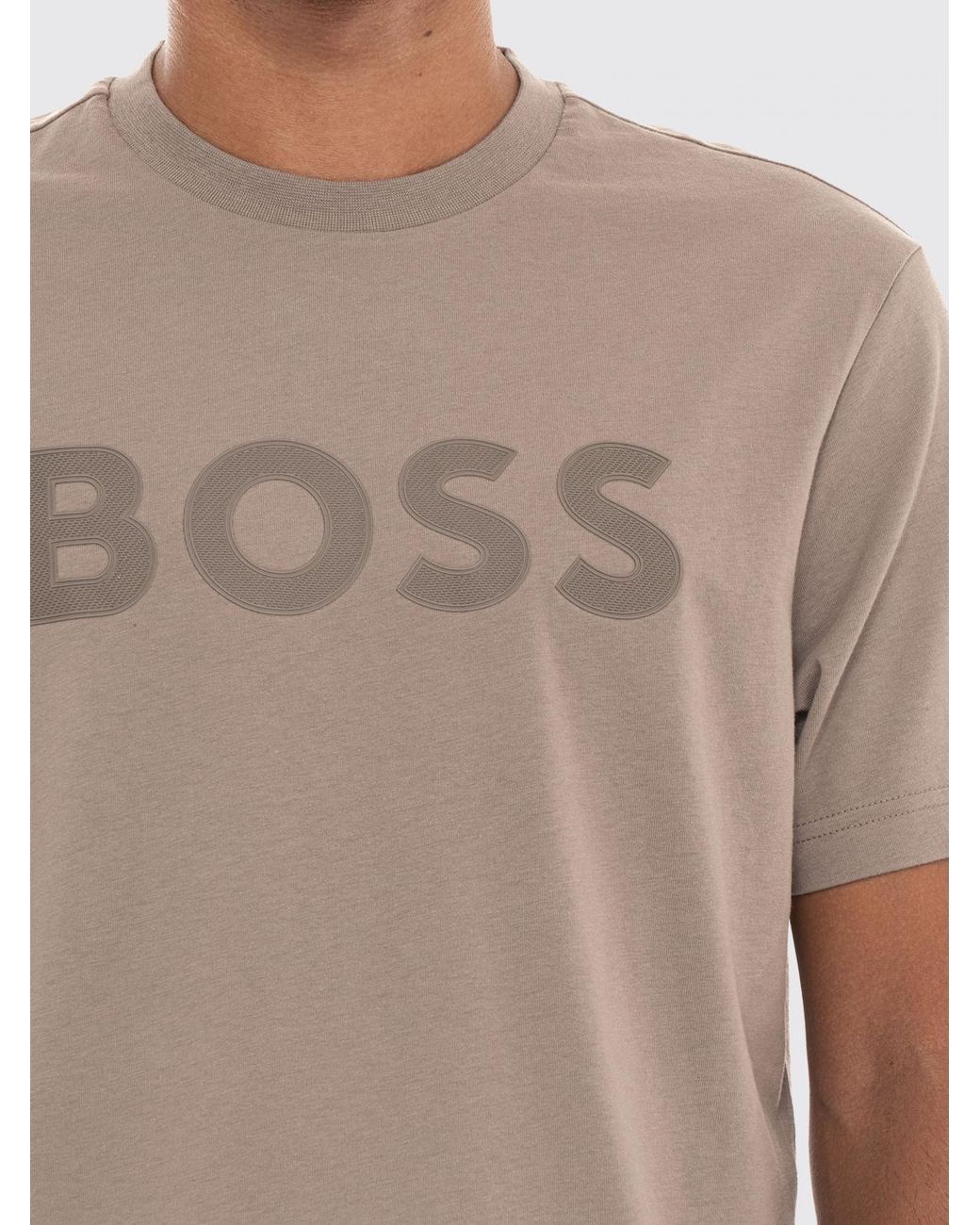 Boss Gray Crew-Neck Cotton T-Shirt With Tone-On-Tone Logo for men