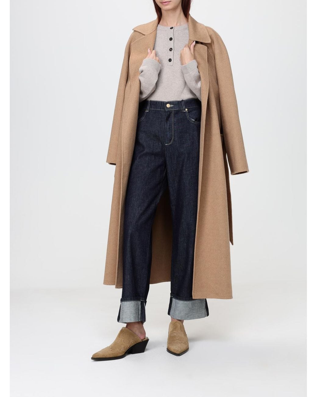 Max Mara Natural Long Wool Robe Coat With Belt