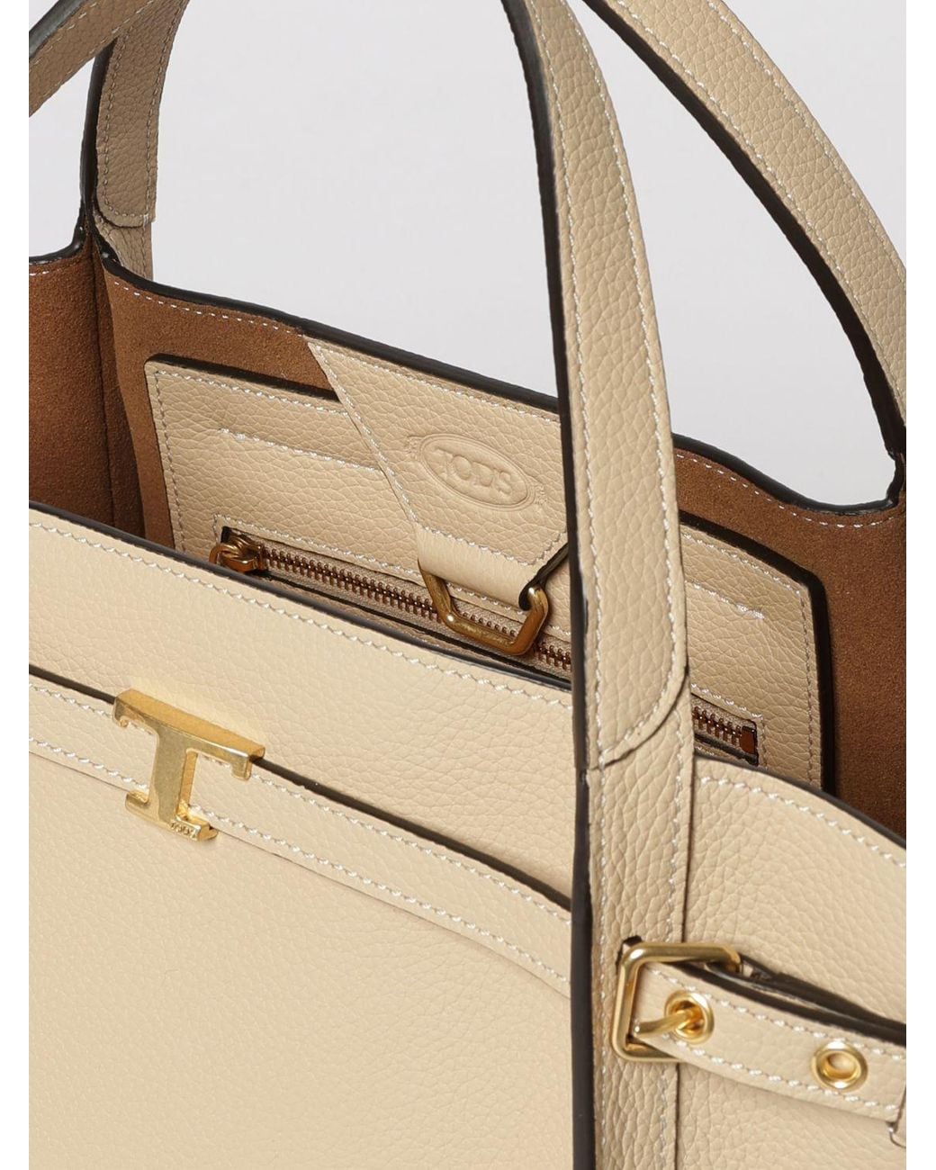 Tod's Natural T Signature Grained Leather Handbag With T Timeless Logo